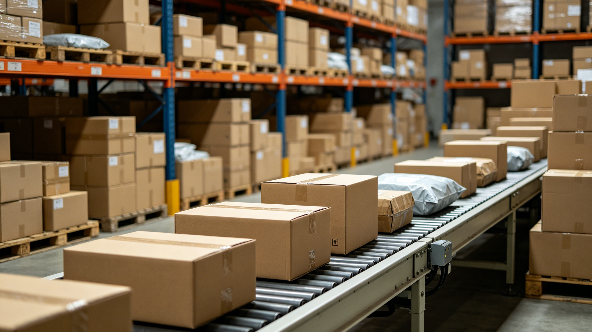 大促爆仓的仓库内部，大量包裹堆积展现发货压力