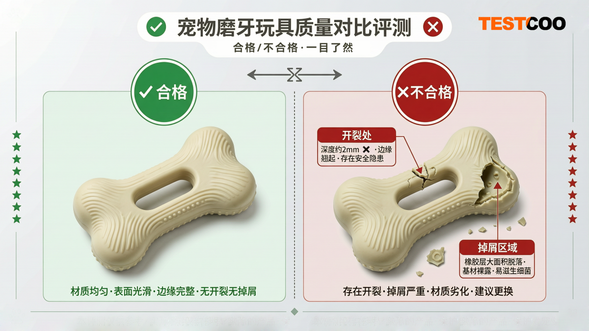 左侧合格完整宠物磨牙玩具，右侧开裂掉屑不合格产品