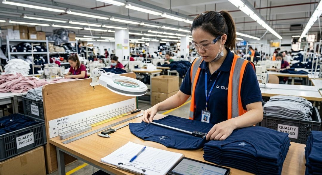 服装厂质检人员测量服装