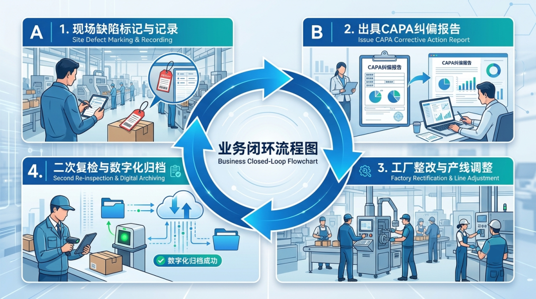 生产中期检验发现缺陷后的CAPA纠偏闭环流程图