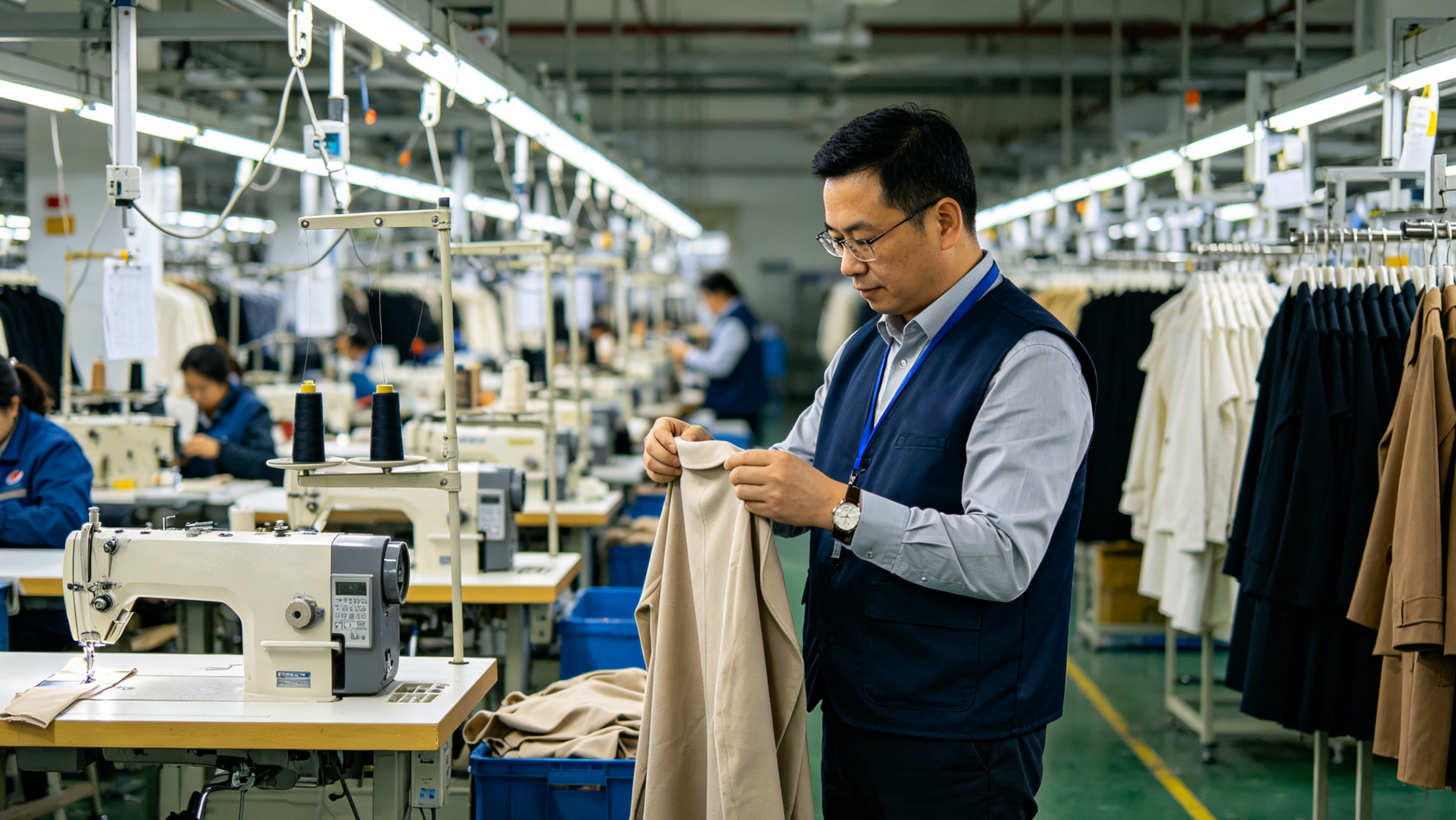 第三方验货员在工厂进行服装尺寸测量