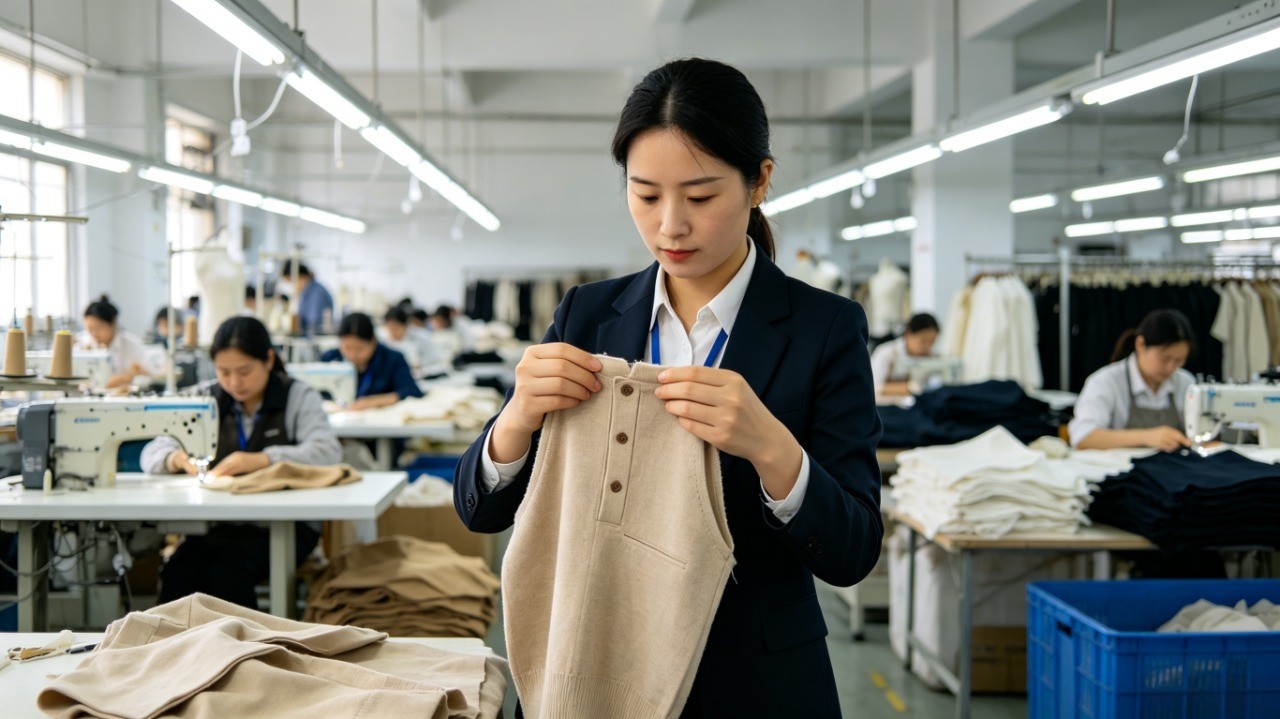 第三方验货员检查服装细节