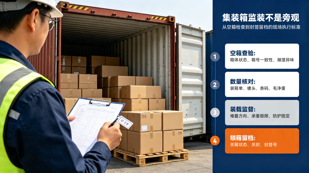 集装箱监装四大执行标准示意图,空箱查验、数量核对、装载监督、锁箱留档