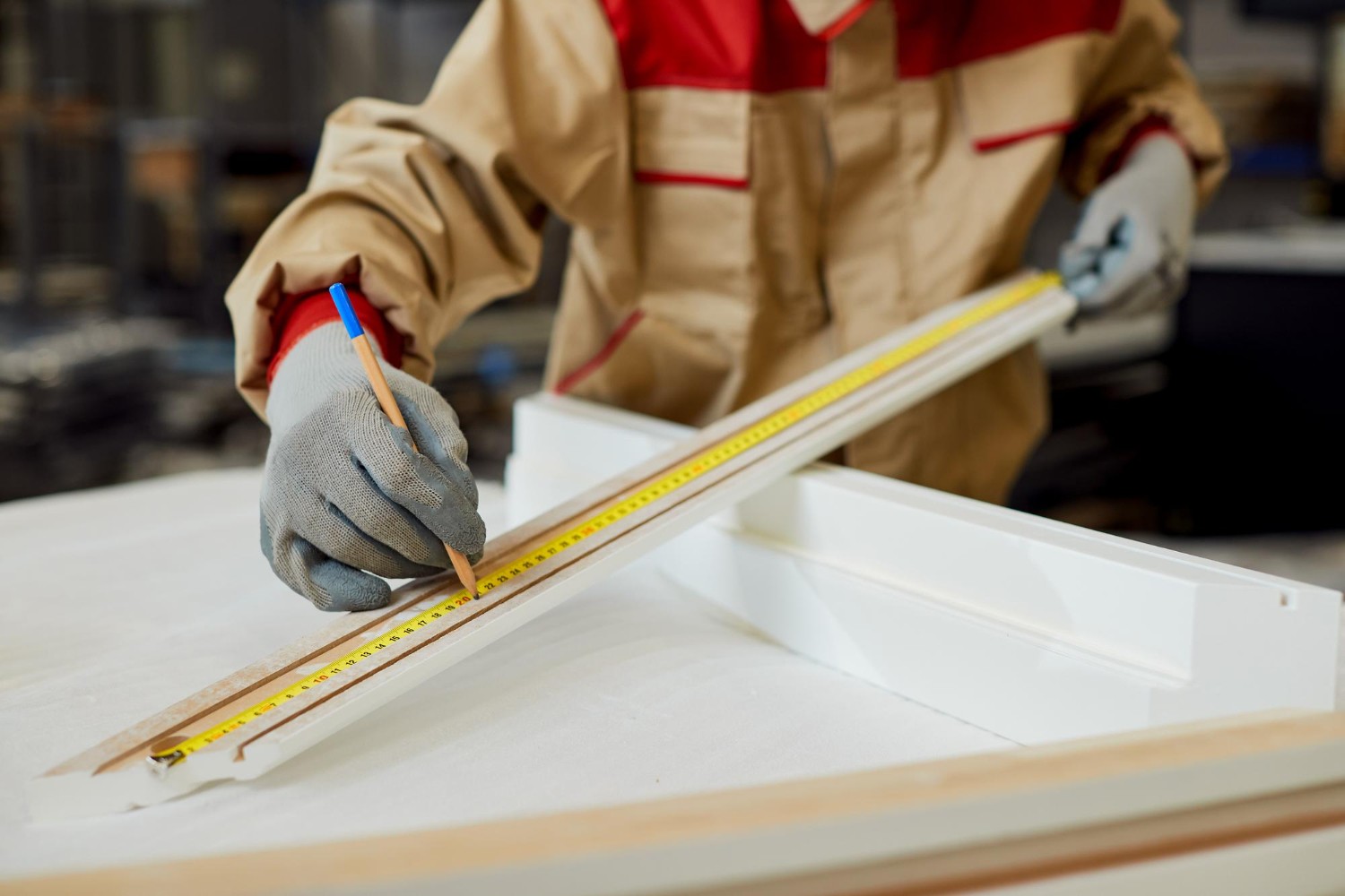 Close-up of a furniture worker's gloved hands precisely measuring a white trim piece with a tape measure and pencil. This emphasizes the critical "What to Check Before You Buy or Accept Delivery" details, like accurate dimensions and craftsmanship.