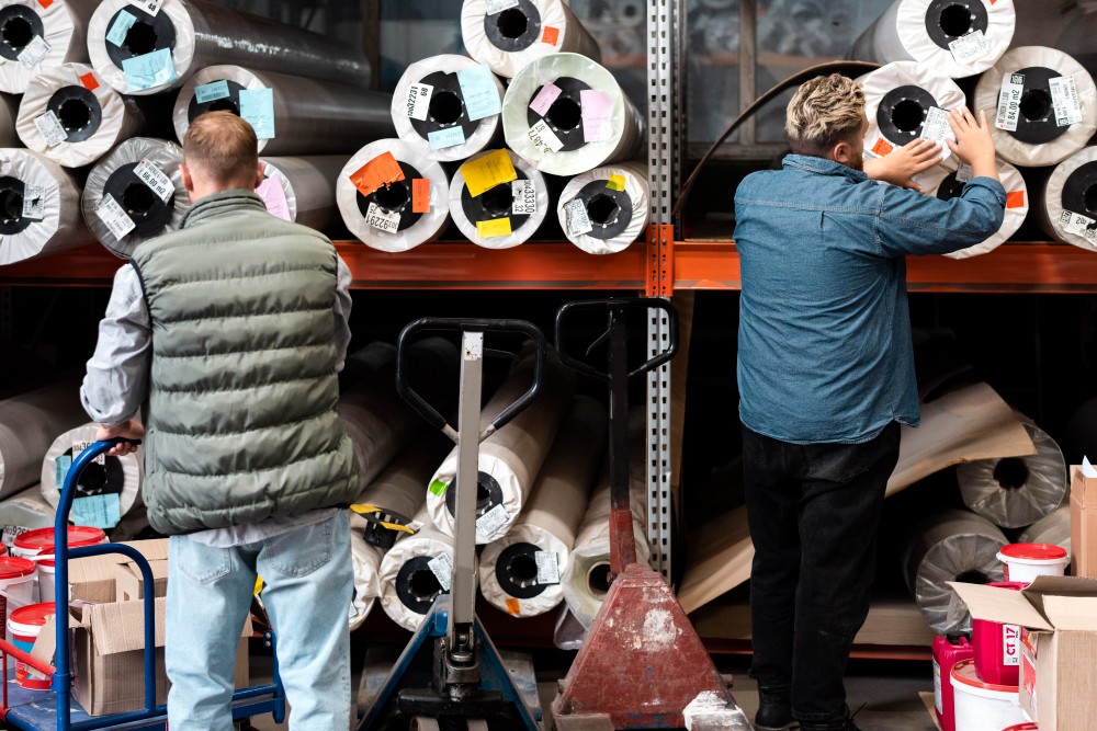 Two auditors inspecting large fabric rolls in sustainable textile factory - ISO 14001:2026 environmental management and compliance in green manufacturing