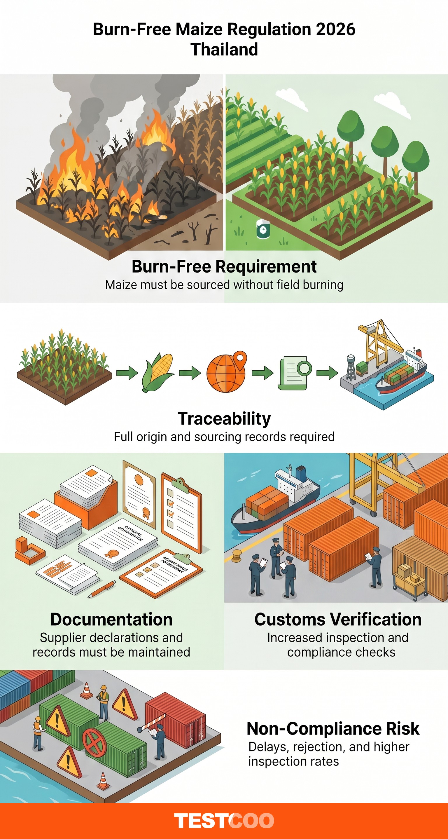 Compliance workflow for Thailand's 2026 Burn-Free Maize Regulation, from farm to certification