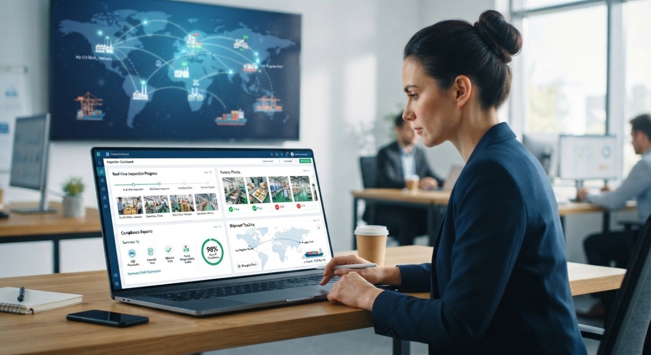 Business professional uses supply chain management software on laptop tracks global logistics, factory inspections, & shipment status in office.