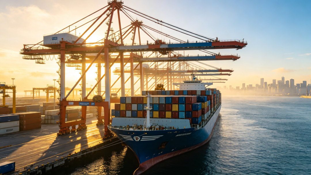 Container cargo ship docked at busy seaport at sunrise