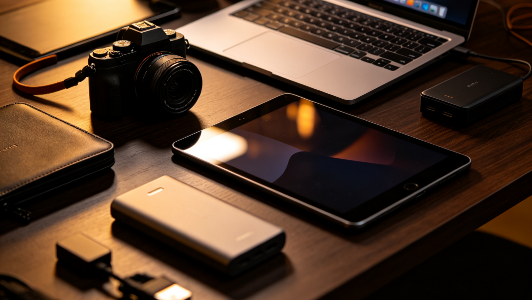 Digital work desk with camera laptop tablet and tech gadgets