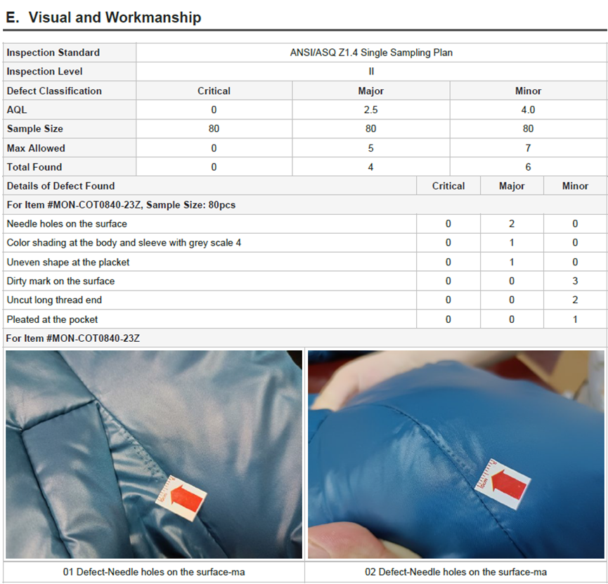 Visual and Workmanship Check for Down Garments Inspection
