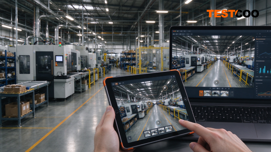 Hands use tablet for factory VR remote audit, industrial workshop, photorealistic