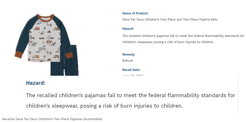 儿童睡衣裤-违反美国可燃性标准被召回