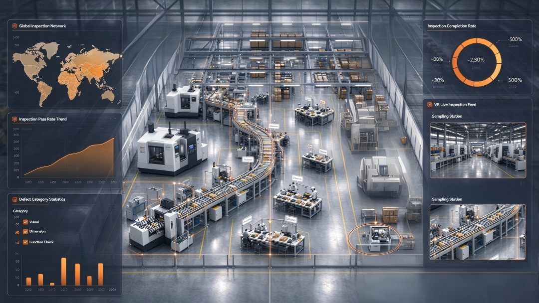 Smart factory aerial view with floating holographic dashboard panels, global inspection map, pass rate charts, defect statistics and VR live inspection feed, industrial a