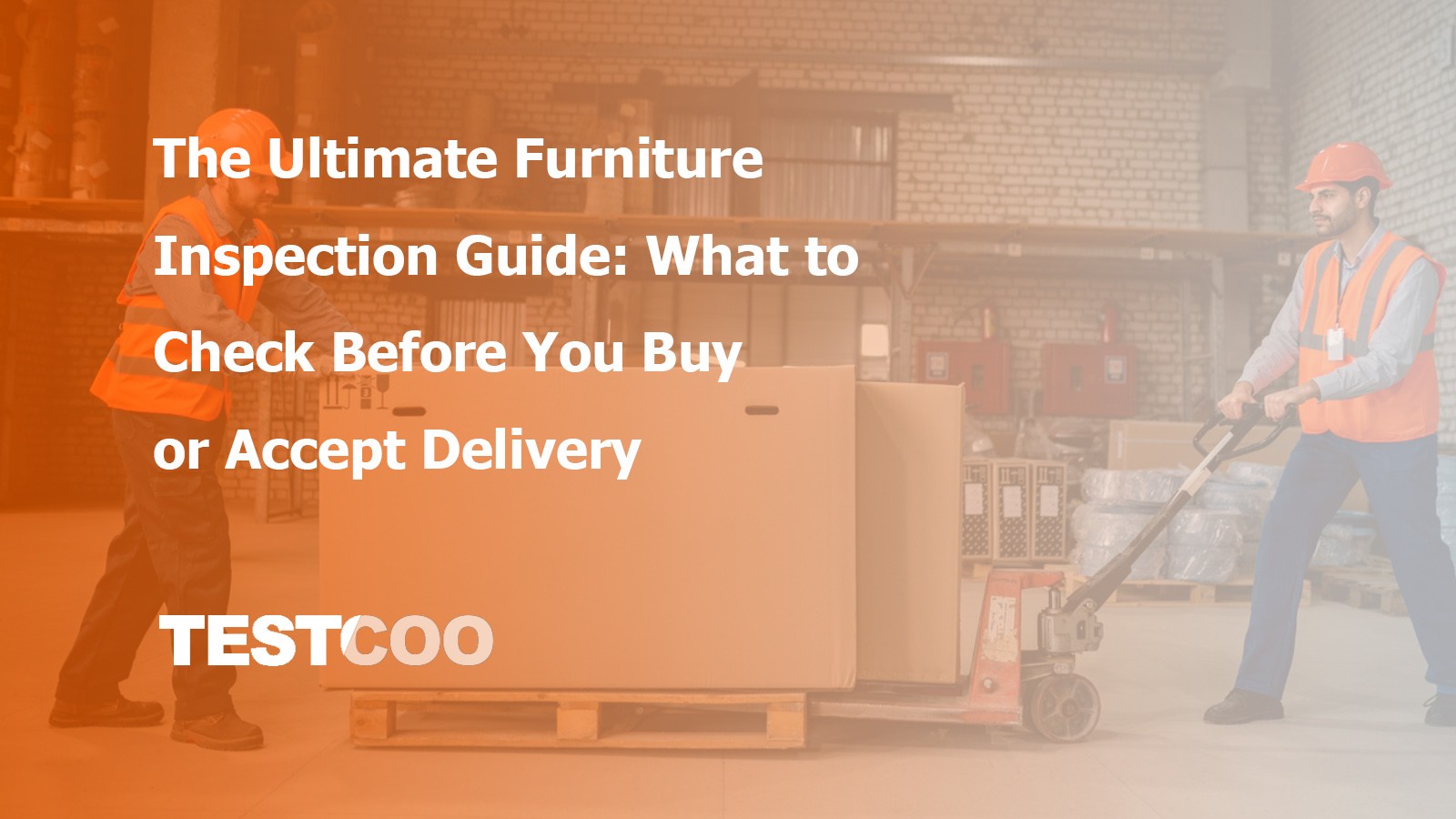 Two warehouse workers in safety gear carefully maneuver a large, crated furniture package on a pallet jack within a warehouse. This scene is crucial for the "Accept Delivery" section, highlighting the importance of inspecting packaging for external damage before accepting delivery, as severe outer damage could indicate hidden internal damage to the furniture.