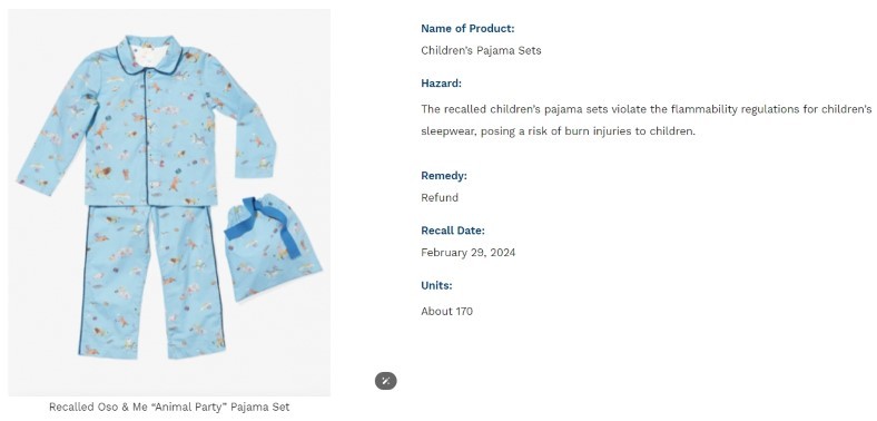 Recalls Children's Pajama Sets Due to Burn Hazard; Violation of the Federal Flammability Regulations for Children's Sleepwear